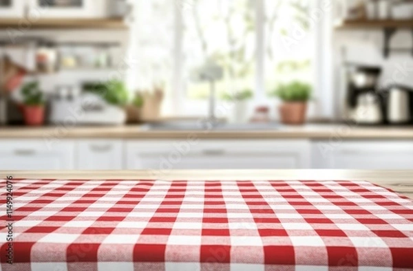 Obraz Red checkered tablecloth on wooden kitchen table. (5)