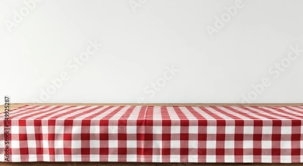 Obraz Red checkered tablecloth on wooden table against white wall.