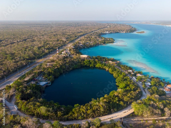 Fototapeta Aerial Drone Shot of Beautiful Cenote Azul and view on 7 seven colors lagoon in Bacalar, Quintana Roo, Mexico