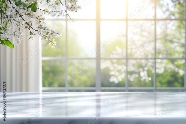 Fototapeta Spring blossoms on marble surface by window.