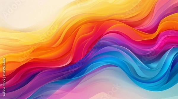 Fototapeta Abstract colorful background with smooth wavy lines in vibrant gradient hues of yellow, orange, red, pink, light blue, dark blue, and green. Dominated by orange and red at the top,
