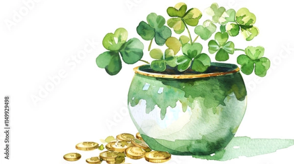 Obraz Pot of Gold and Clovers, Saint Patrick's Day Illustration with Watercolor on Isolated White Background, Generative Ai