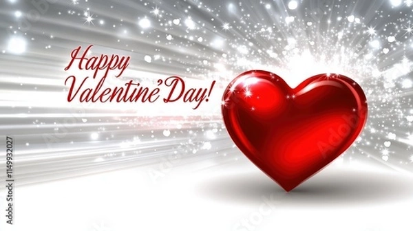 Fototapeta A glossy red heart with a sparkling effect, set against a background of radiant silver beams, accompanied by the phrase "Happy Valentine's Day!" 