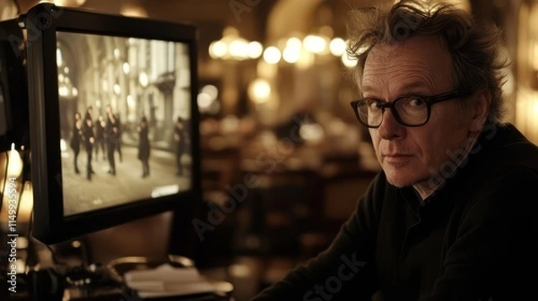 Obraz Film director intently reviewing footage on a large screen, deep in thought as he analyzes the visual storytelling, capturing the essence of creativity and meticulous attention to detail in filmmaking