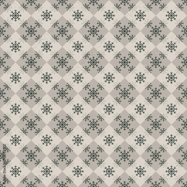 Obraz Regular Christmas snowflake texture on geometric rhombus background. Elegant seamless vector pattern for wrapping paper, textile and paper prints, greeting cards and gift boxes.