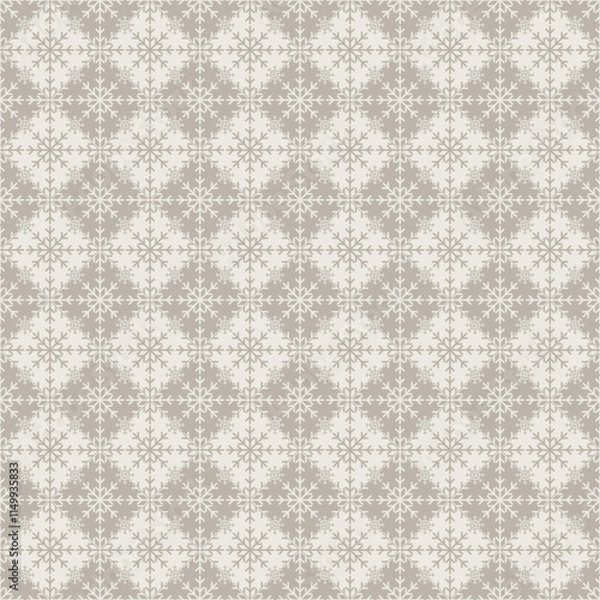 Obraz Regular Christmas snowflake texture on geometric rhombus background. Elegant seamless vector pattern for wrapping paper, textile and paper prints, greeting cards and gift boxes.
