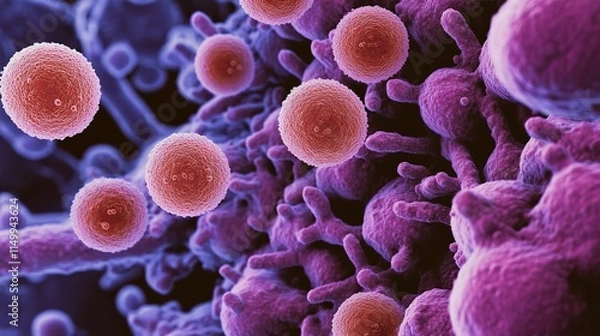 Fototapeta A close up of a cell with many red and purple balls. The balls are in different sizes and are scattered throughout the cell