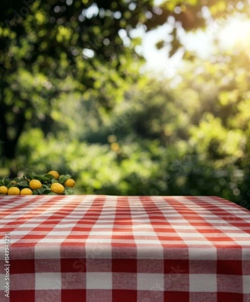 Obraz Red checkered tablecloth on empty picnic table outdoors.