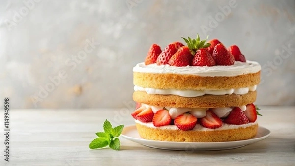 Fototapeta Delicious Strawberry Cream Cake, Layers of Sponge, Whipped Cream, and Fresh Berries