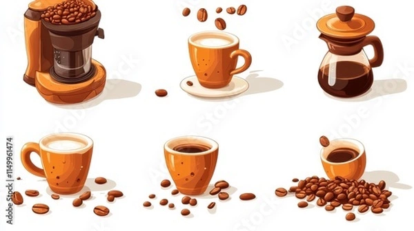 Fototapeta Morning coffee isolated cartoon vector illustrations set. Grinding coffee beans, espresso lover, home kitchen appliances, brewing with aero press, making hot drink with French press vector cartoon.