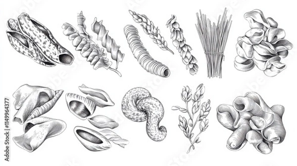 Fototapeta Sketch pasta. Hand drawn italian menu, authentic restaurant food types. Isolated sketch penne fusilli fettuccine, dish ingredient vector set