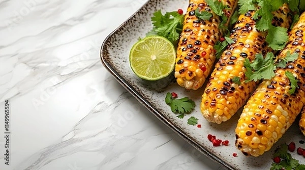 Fototapeta Grilled corn on the cob with herbs and lime is styled Mexican elote style on a white marble countertop, featuring charred kernels and fresh cilantro under soft lighting for a gourmet presentation.