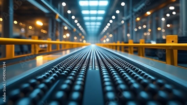 Fototapeta An industrial conveyor belt system in a modern warehouse features empty metal rollers and reflective surfaces under bright ceiling lights, emphasizing a clean and efficient logistics facility.
