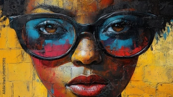 Fototapeta Abstract portrait, woman, glasses, textured paint.