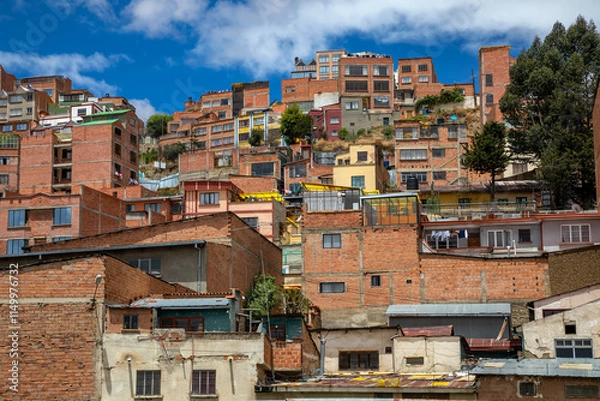 Fototapeta Old small buildings on the mountain. Favelas in Bolivia.