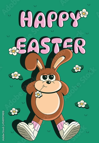 Fototapeta Happy Easter Day. Easter bunny resting in a meadow of flowers, in a trendy retro cartoon style. Greeting card, poster, prints, party invitations.