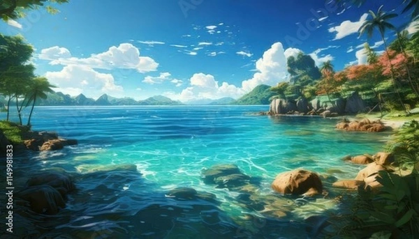 Fototapeta beautiful and bright beach scenery with anime style background