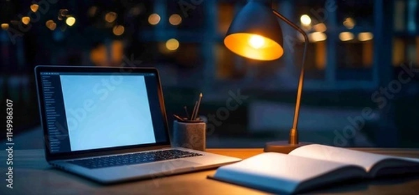 Fototapeta Laptop, Lamp, and Book on a Wooden Desk at Night.