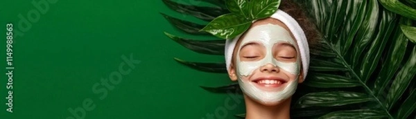 Obraz A young girl with a beaming smile, enjoying a facial care routine with natural products