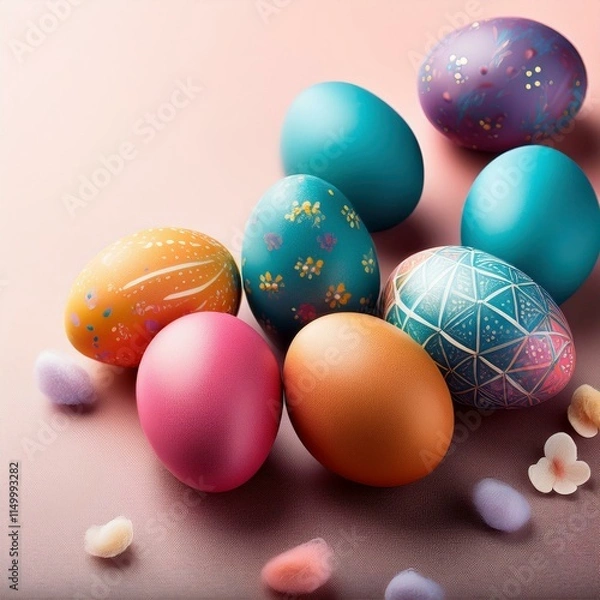 Fototapeta Generated image Beautiful colorful easter eggs with copy space