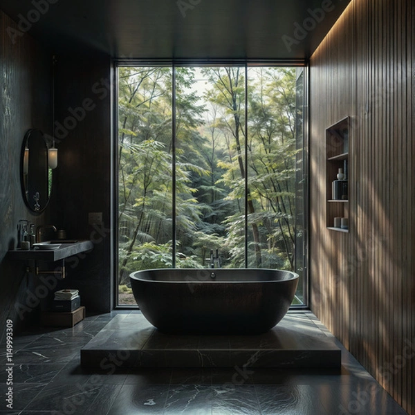 Fototapeta The image showcases a modern bathroom with a dark, minimalist design, featuring a large window with a view of greenery outside, a freestanding black bathtub on a stone platform, and wooden paneling on
