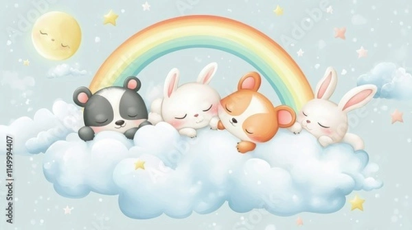 Fototapeta Cute sleeping animals. Cartoon sleep characters on moon and rainbow. Baby panda, rabbit on cloud and fox. Funny newborn shower party nowaday vector stickers
