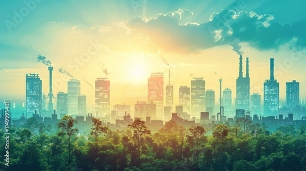 Fototapeta A city skyline with factories emitting smoke, surrounded by lush greenery at sunrise.