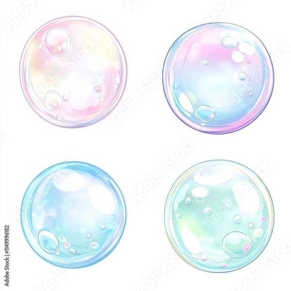 Obraz Four iridescent soap bubbles on white background.