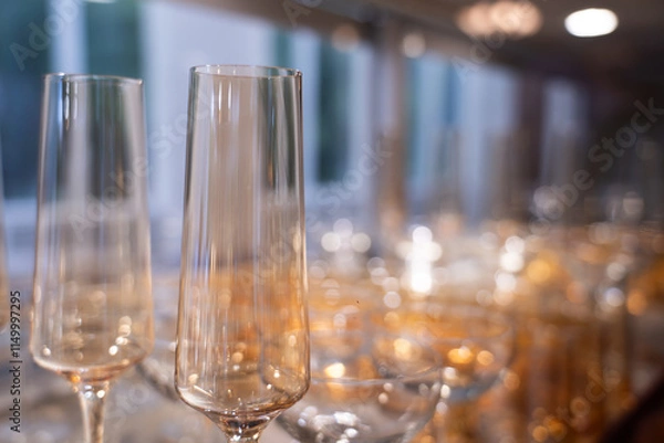Fototapeta Many empty champagne glasses on a bar, on a blurred background
