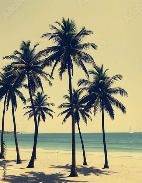 Fototapeta Palm trees on beach with clear sky vintage toned, comic art, with white tones