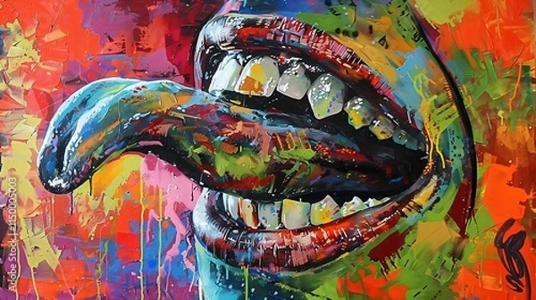 Obraz An abstract expressionist painting mouth extended tongue set against vibrant multicolored backdrop splatters drips evoking movement spontaneity