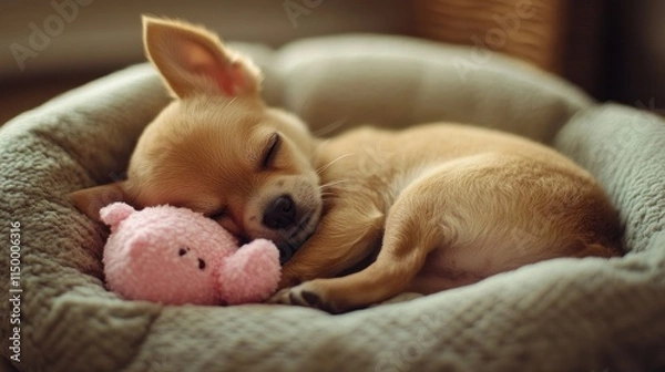 Fototapeta A sleeping puppy cuddles a pink toy in a cozy bed, exuding warmth and cuteness.