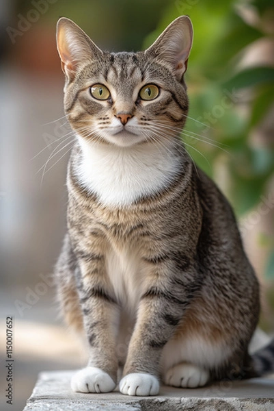 Obraz Beautiful tabby cat sits calmly outdoors in a serene garden setting under soft natural light