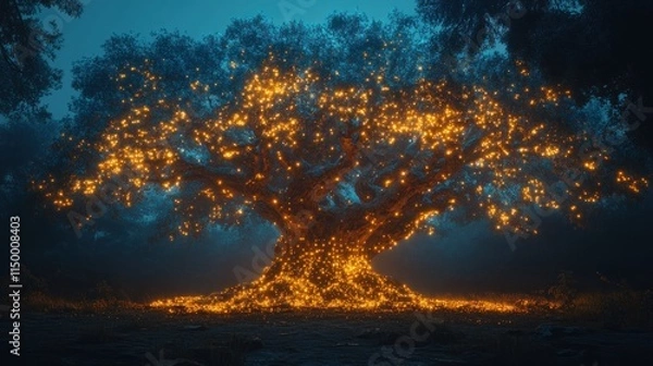 Fototapeta A mystical tree illuminated with glowing lights in a serene, foggy environment.