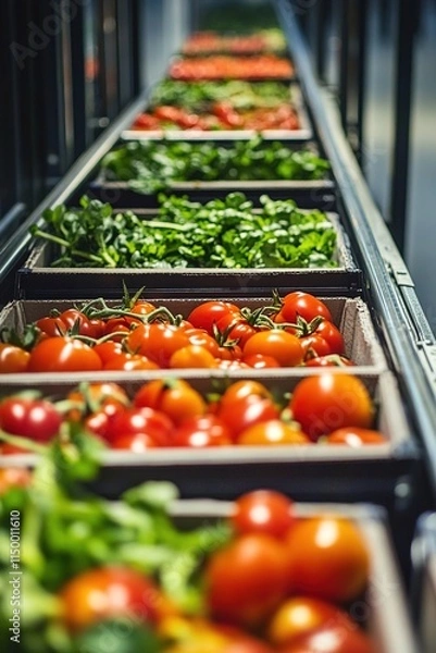 Fototapeta  A wide shot of tomatoes and greens in boxes on the conveyor belt at a supermarket, with soft lighting,