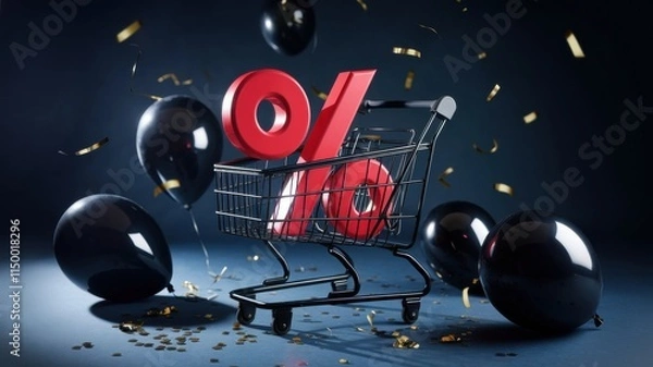 Fototapeta An advertising photo of a three-dimensional red percentage symbol inside a black shopping basket set against a dark background. Black balloons and golden confetti are scattered all over the basket.
