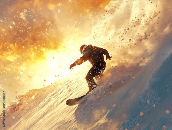 Fototapeta Snowboarding adventure at sunset mountain resort action shot winter wonderland dynamic perspective thrilling experience