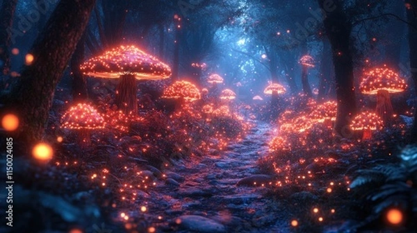 Fototapeta Glowing mushrooms illuminate a mystical forest path.