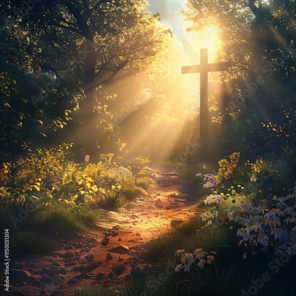 Obraz Serene forest path leads cross standing tall amidst verdant greenery bathed warm sunlight
