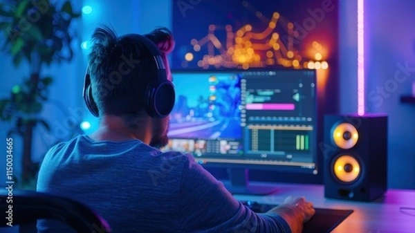 Fototapeta A person with headphones engages with a vibrant computer display, immersed in a digital environment decorated with colored lights.