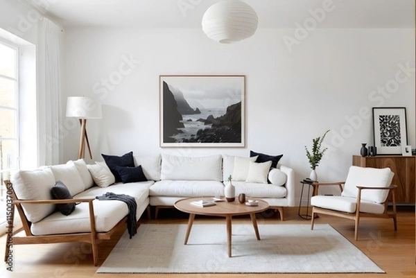 Fototapeta White living room with sofa and armchair, wooden table, lamp, and minimal artwork.