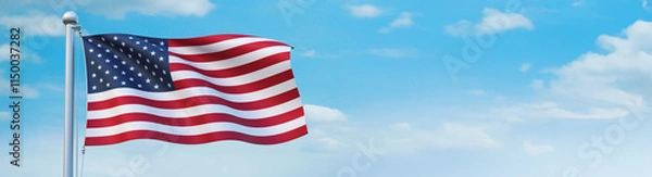 Fototapeta Wawing US flag on blue sky background. Copy space for text. For Memorial Day, 4th of July, Labour Day, Independence Day. Happy Veterans Day. Remember and Honor concept, presidential Inauguration day