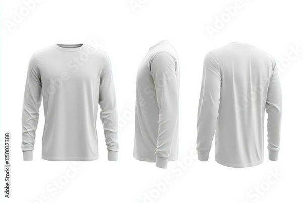 Obraz White long sleeve shirt mockup, front, side, and back views.