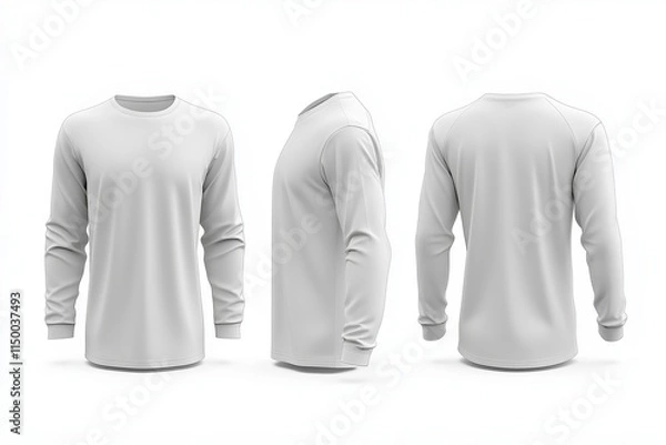 Obraz White long-sleeve shirt mockup, front, side, and back views.
