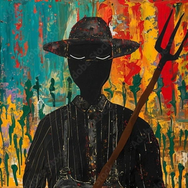 Obraz Figure vintageinspired attire including black hat pitchfork stands against multicolored background reminiscent Jacob Lawrences style