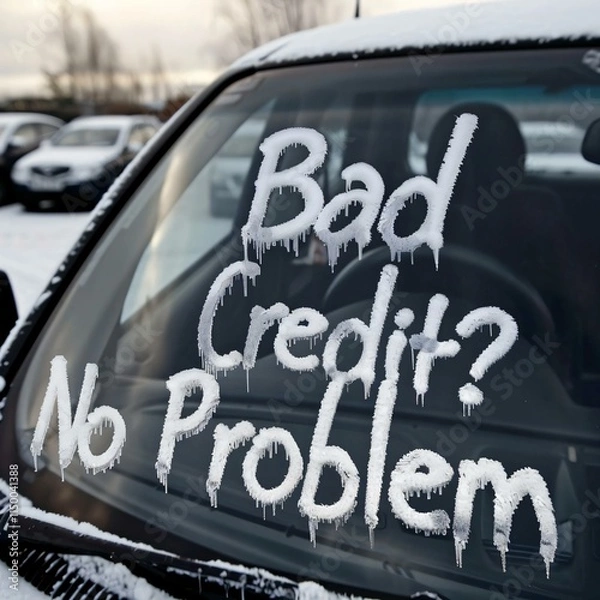 Obraz Car window bad credit no problem written frost lettering humorous take common phrase winter feel
