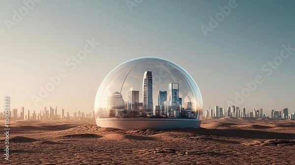 Fototapeta Global warming pollution adaptation concept. A futuristic dome city thriving in the middle of a scorched desert, showcasing advanced climate adaptation technologies