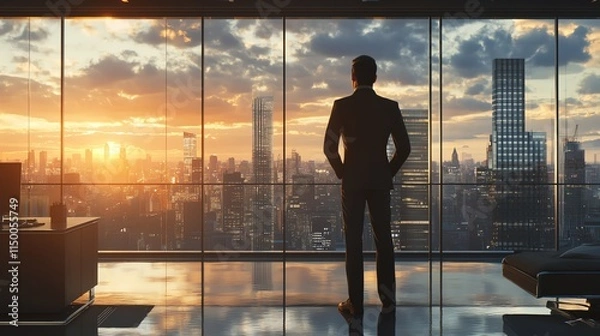 Obraz A businessman stands in a high-rise office, looking out at the city skyline. The sun sets over the cityscape, casting a warm glow on the room.