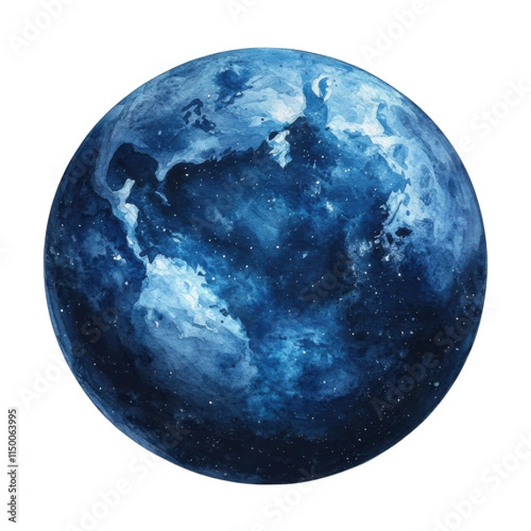 Fototapeta A stunning watercolor depiction of the Earth in deep blues and whites, showcasing a celestial view of our planet against a starry background.