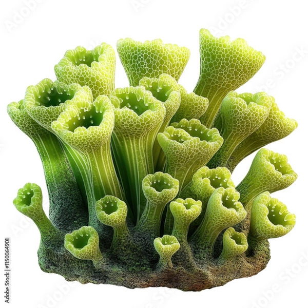 Fototapeta Detailed view of vibrant green coral formations against a white isolate background, showcasing intricate structures and textures.